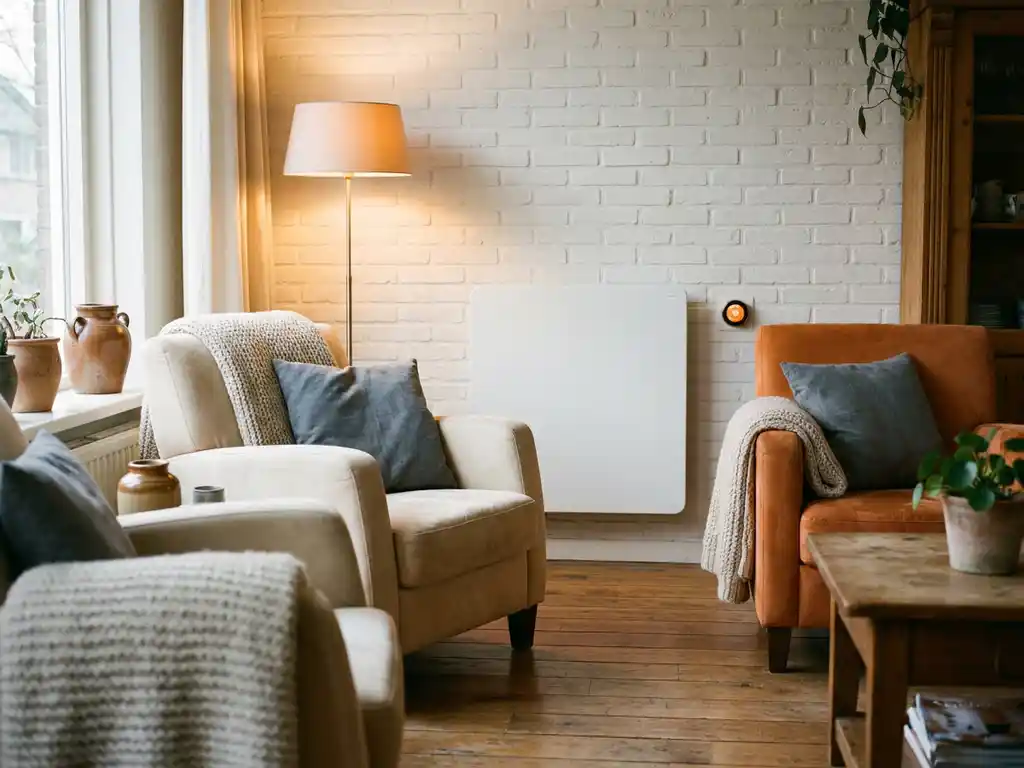 Elektrische paneelverwarming op witte muur in gezellige Nederlandse woonkamer met slimme thermostaat en houten vloer.