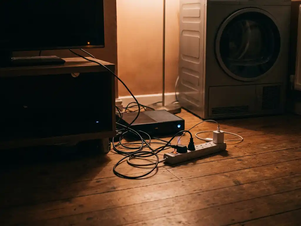 Huishoudelijke apparaten waaronder tv, spelconsole en oplader aangesloten op een stekkerdoos op een houten vloer.