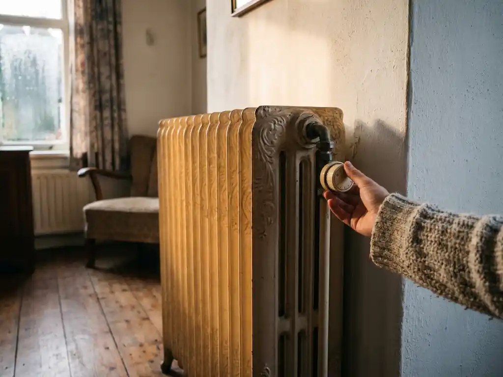 Gietijzeren radiator in Nederlands interieur met hand die thermostaat bedient, warm amberkleurig licht en condensatie op nabijgelegen venster.