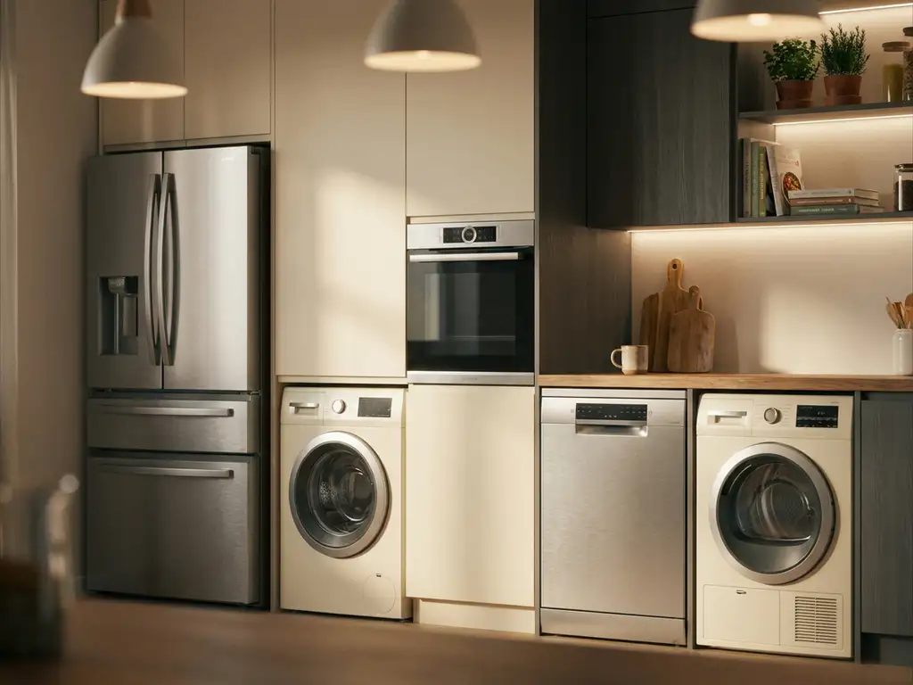 Moderne keuken met vijf huishoudelijke apparaten: koelkast, wasmachine, oven, vaatwasser en droger in crème en roestvrij staal.