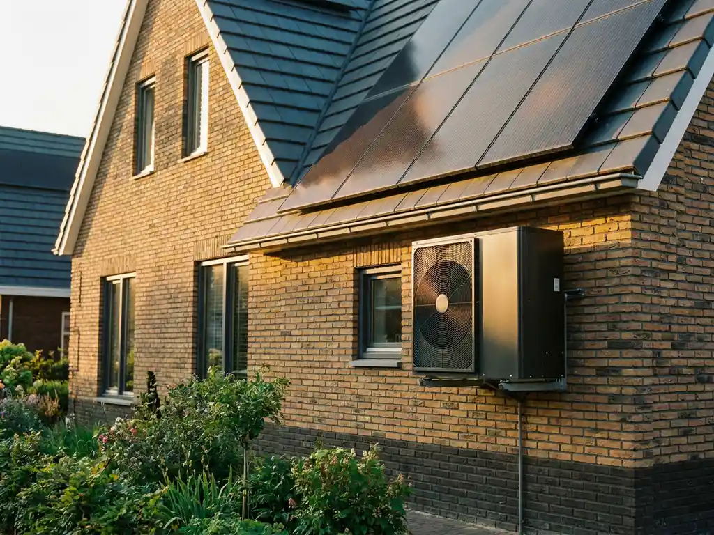 Hybride warmtepomp op gevel van Nederlandse bakstenen woning met zonnepanelen op dak, groene tuin op de achtergrond.