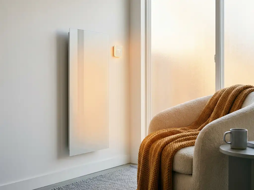 Elektrische infrarood paneelverwarming aan witte muur boven fauteuil met gebreide deken en slim thermostaat in woonkamer.
