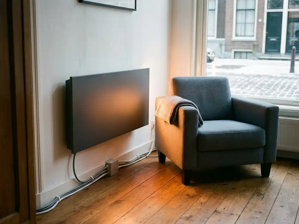 Elektrische infrarood paneelverwarming op witte muur in Nederlandse woonkamer met houten vloer en fauteuil.