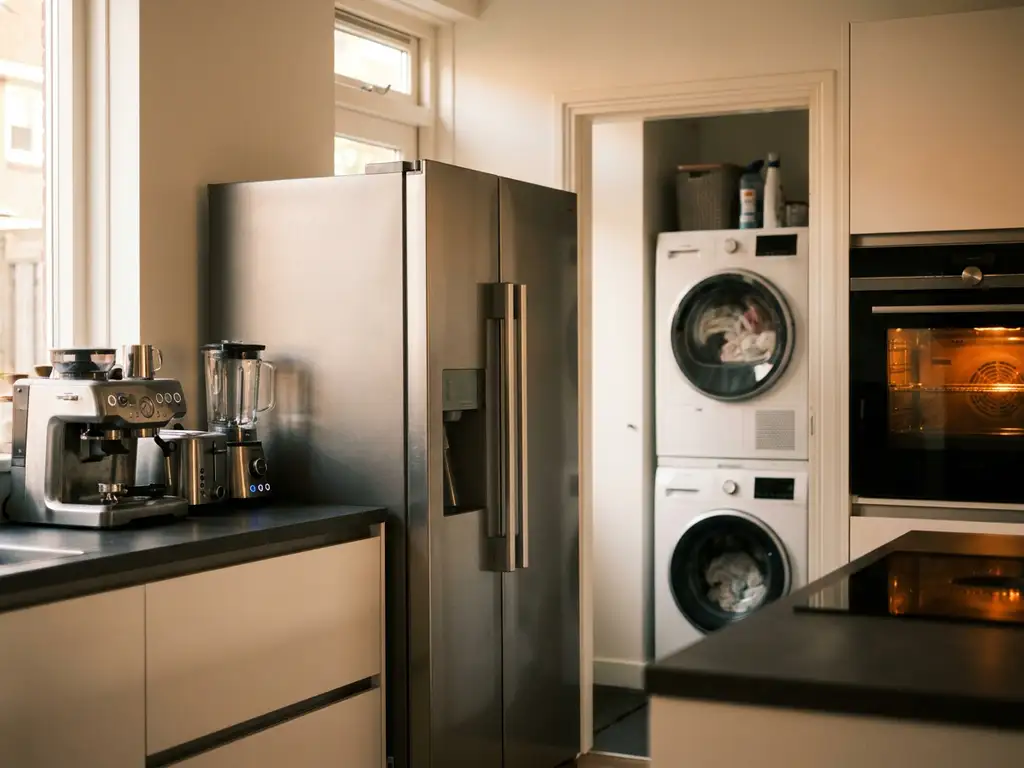 Moderne keuken met koelkast, oven en wasmachine — energieverslindende huishoudapparaten in een gezellige Nederlandse woning.