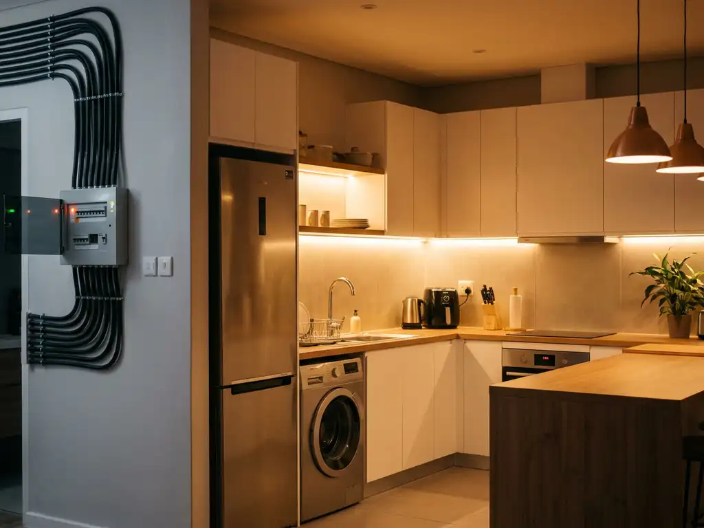 Moderne keuken met koelkast, wasmachine en oven, netjes bekabeld naar een zekeringkast, verlicht door warm LED-licht.