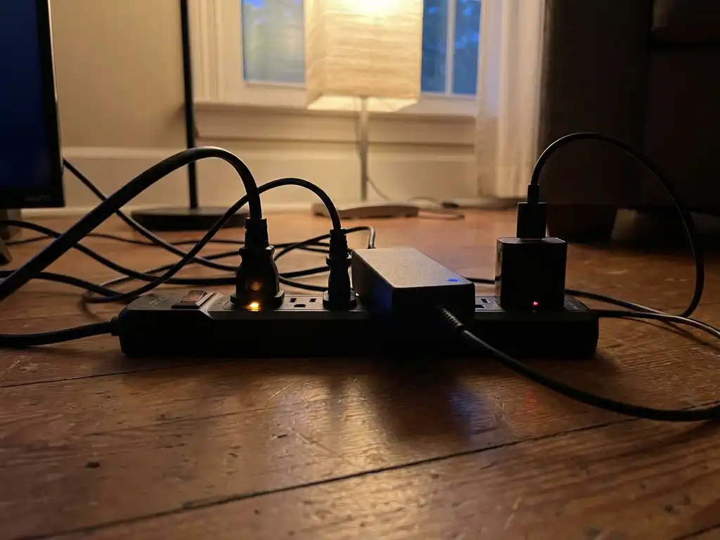 Televisie, laptop en telefoonoplader op stekkerdoos in slaapstand, zacht gloeiende standby-lampjes op houten vloer.