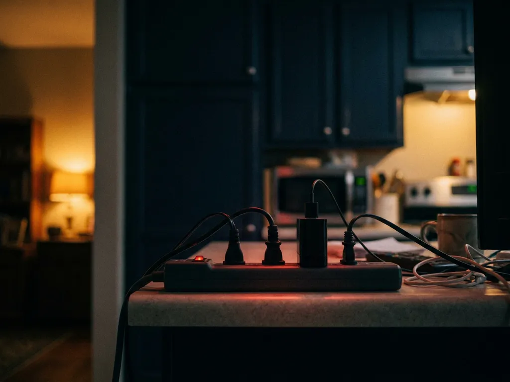 Televisie, telefoonoplader en magnetron aangesloten op één stekkerdoos op aanrecht, rode standby-lampjes zichtbaar in schemerlig interieur.