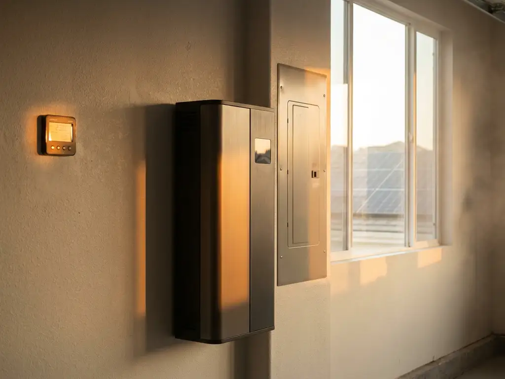 Thuisbatterij gemonteerd op garagemuur naast elektrische meterkast, zonnepanelen zichtbaar door raam in gouden middaglicht.