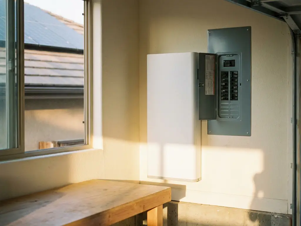 Witte thuisbatterij gemonteerd op garagemuur naast elektrisch paneel, met zonnepanelen zichtbaar op de achtergrond.