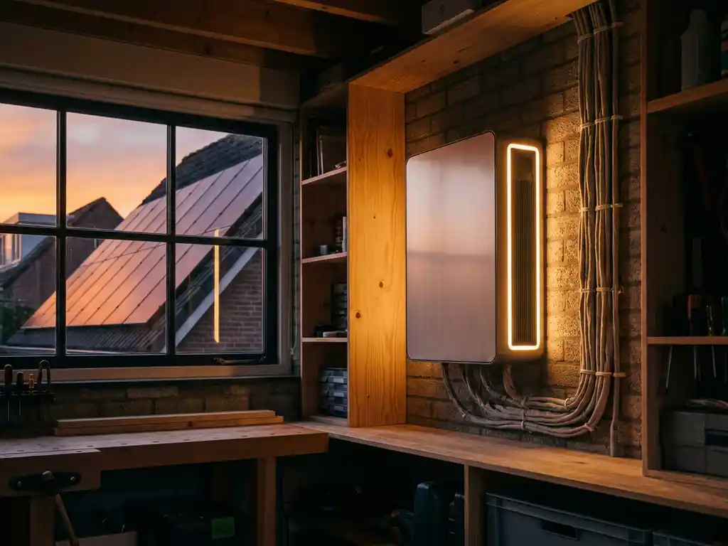 Thuisbatterij gemonteerd op garagemuur bij zonsondergang, met zonnepanelen zichtbaar door het raam in warm goudoranje avondlicht.