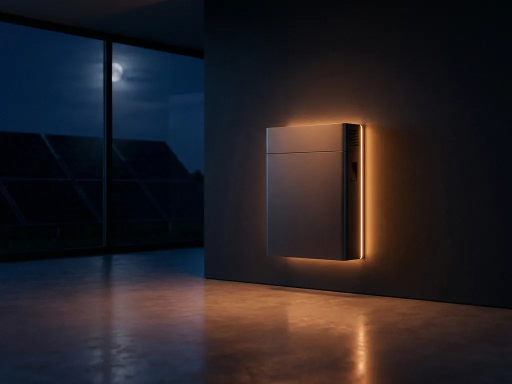 Thuisbatterij met warm ambergloed gemonteerd op donkere muur, zonnepanelen zichtbaar door raam onder maanverlichte nachtlucht.