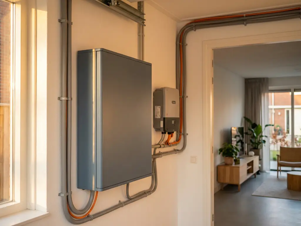 Thuisbatterij en zonne-energieomvormer aan garagemuur in Nederlandse woning, elektrische kabels netjes weggewerkt langs witte muren.