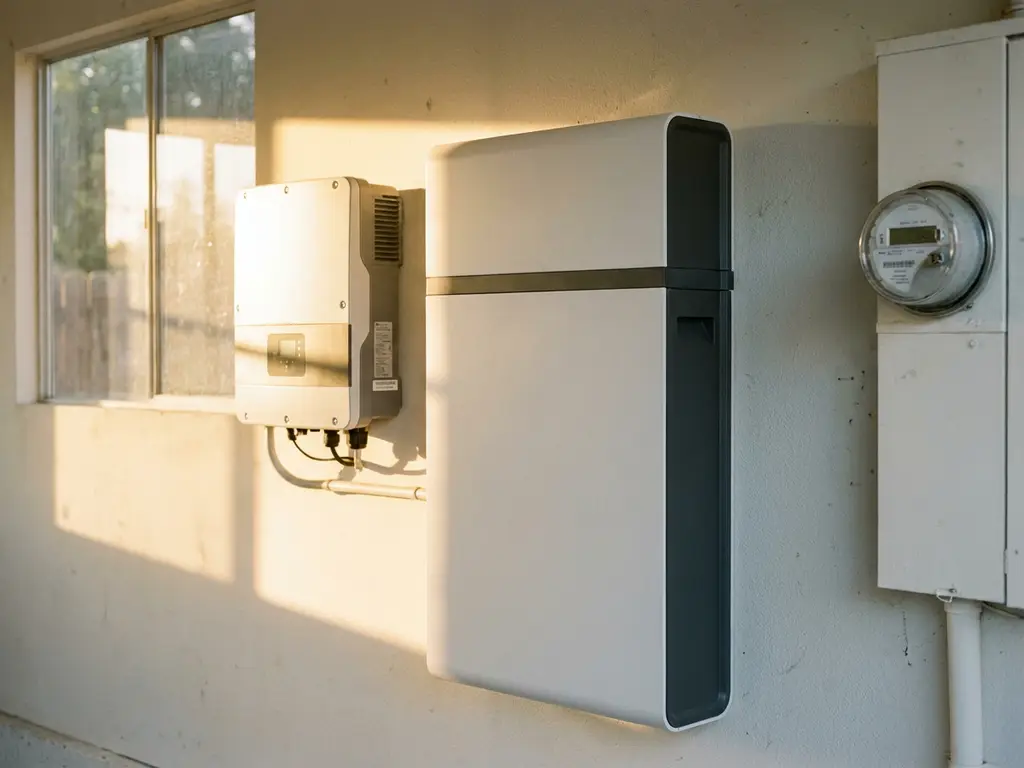 Thuisbatterij en zonne-energieomvormer gemonteerd op zonnige garagemuur, met elektriciteitsmeter op de achtergrond.