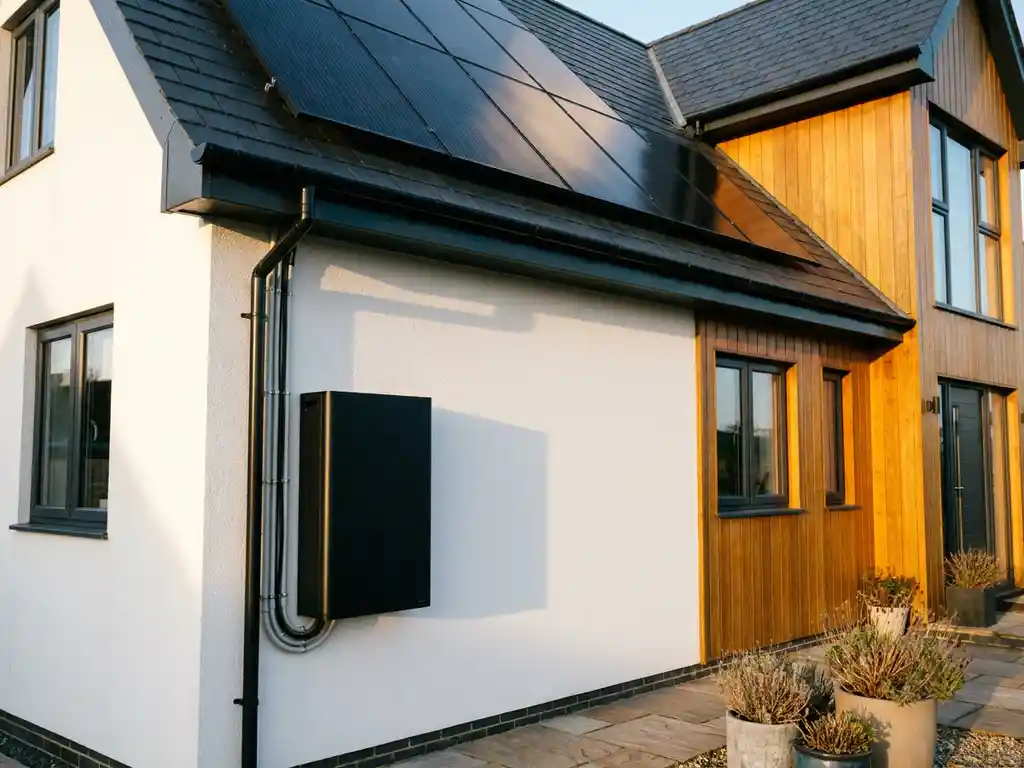 Zwarte thuisbatterij gemonteerd op witte buitenmuur van moderne Nederlandse woning met zonnepanelen op het dak.