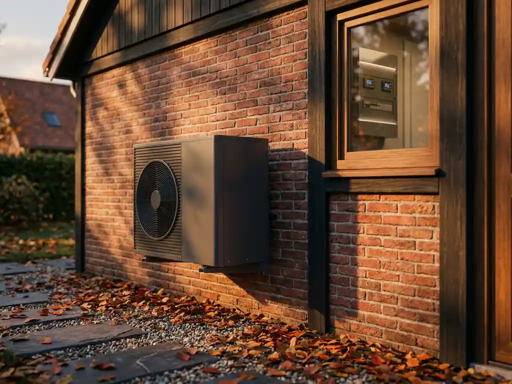 Warmtepomp gemonteerd op bakstenen buitenmuur van Nederlandse woning, herfstbladeren op de grond, zacht middaglicht.