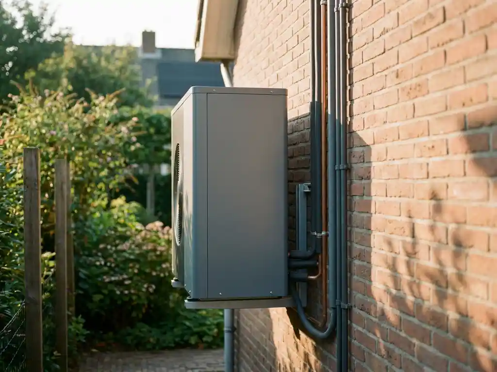 Warmtepomp op bakstenen buitenmuur van Nederlandse woning met koperen leidingen, groene tuin op de achtergrond.