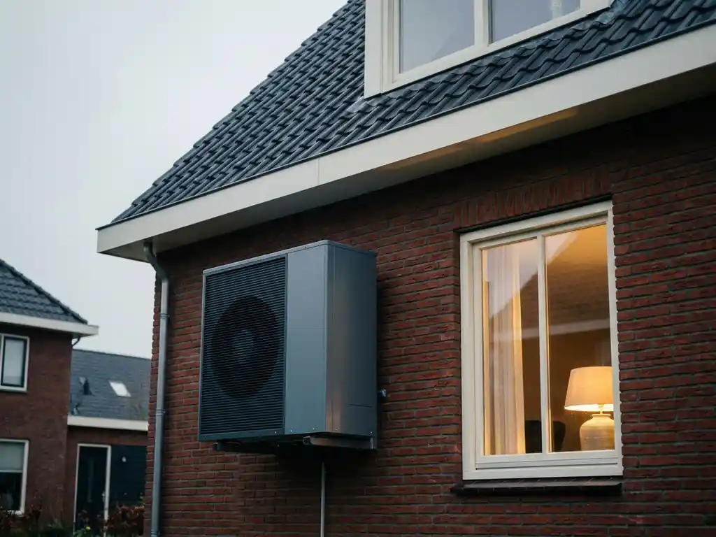 Warmtepomp aan de bakstenen buitenmuur van een Nederlandse woning, warm licht door raam, bewolkte lucht.