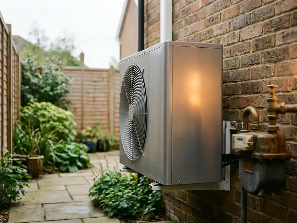 Moderne warmtepomp gemonteerd op bakstenen buitenmuur naast een gasmeter in een Nederlandse tuin, zachte bewolkte belichting.