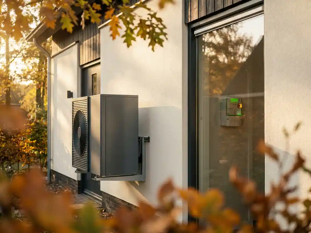 Warmtepomp aan de buitenmuur van een Nederlandse woning met slimme energiemeter zichtbaar door het raam, herfstig middaglicht.