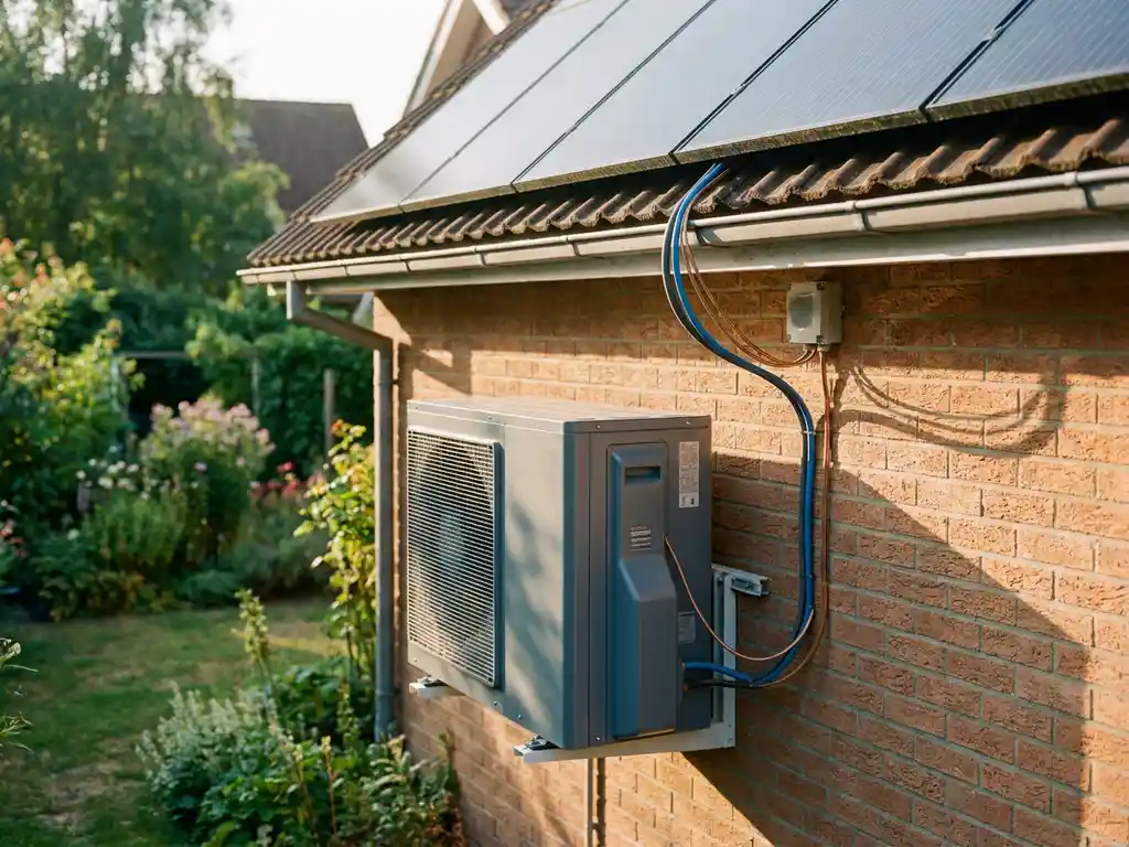 Warmtepomp aan bakstenen buitenmuur naast zonnepanelen op dak, verbonden met koperen bedrading, groene tuin op achtergrond.