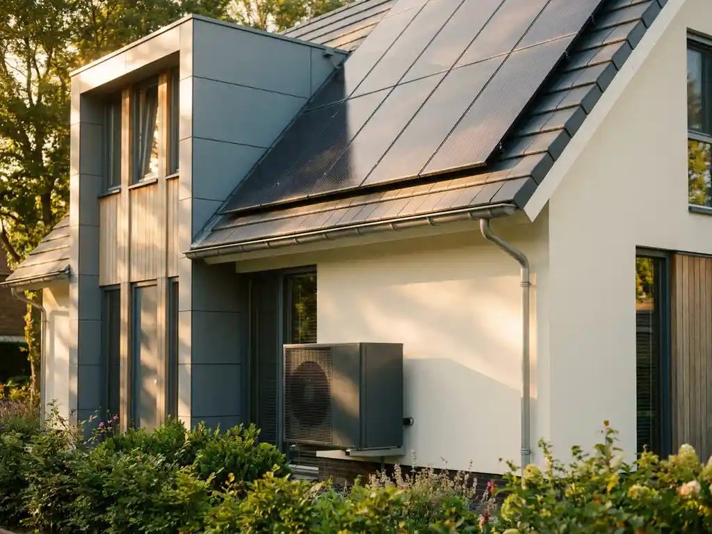 Warmtepomp aan de buitenmuur van een Nederlandse woning, met zonnepanelen op het dak en een groene tuin op de achtergrond.