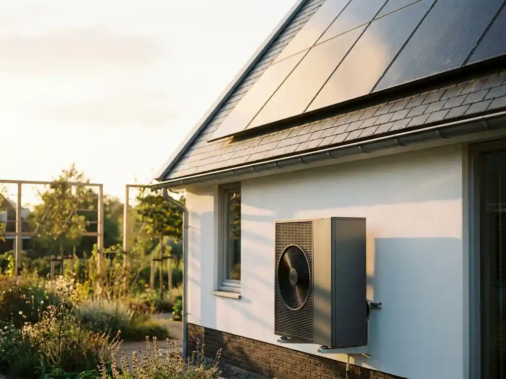 Warmtepomp aan buitenmuur van moderne Nederlandse woning met zonnepanelen op schuin dak en groene tuin op de achtergrond.