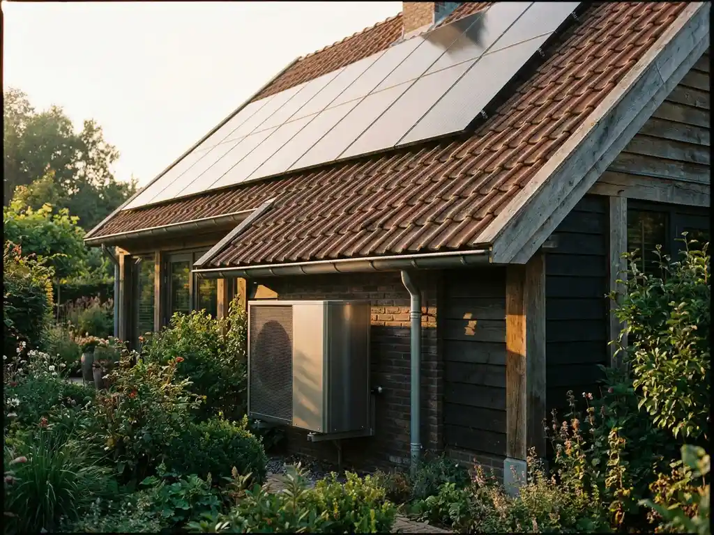 Warmtepomp aan de gevel van een Nederlandse woning met tien zonnepanelen op het terracotta pannendak, omgeven door groene tuin.