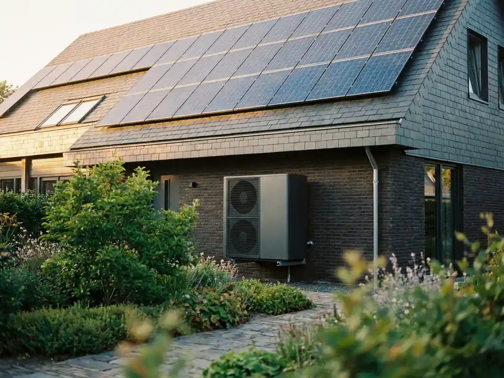 Warmtepomp aan de buitenmuur van een moderne Nederlandse woning met zonnepanelen op het dak in warm gouden zonlicht.