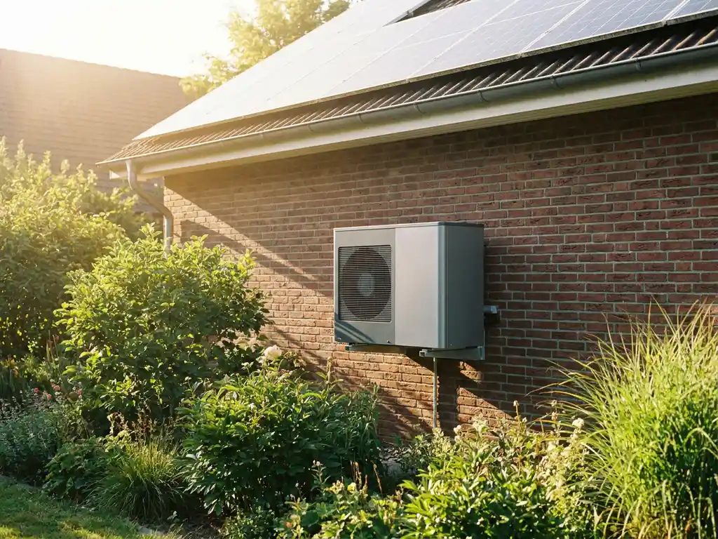 Warmtepomp aan bakstenen buitenmuur met zonnepanelen op het dak en weelderige groene tuin in warm middagzonlicht.
