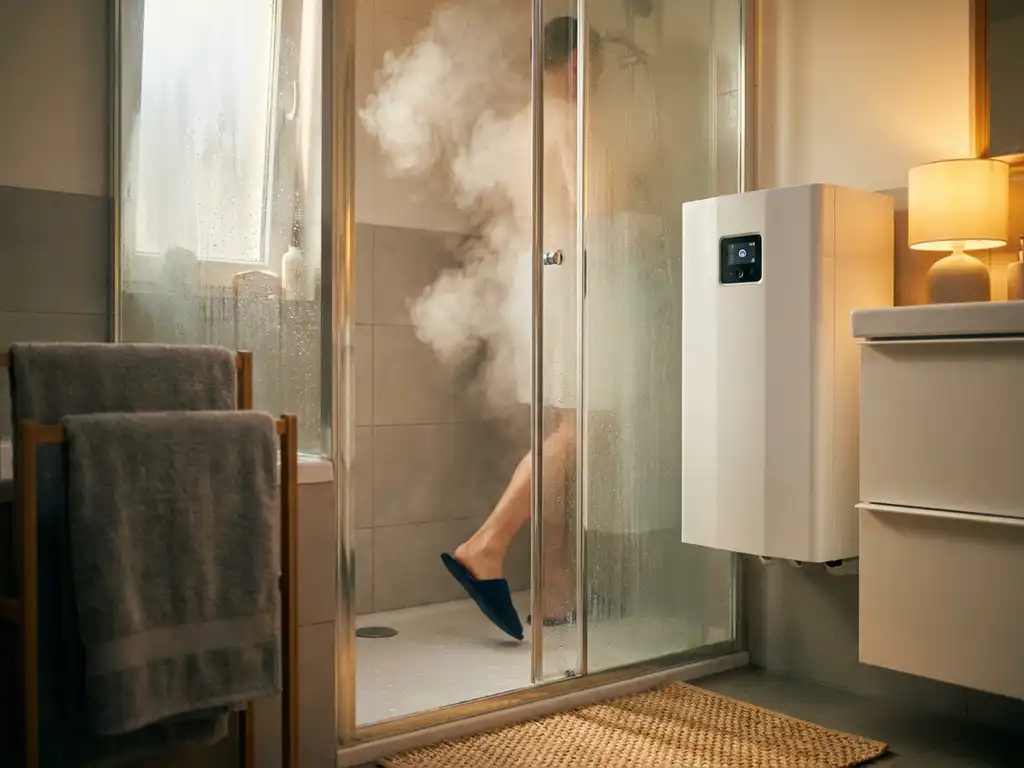 Persoon stapt onder een stomende douche in badkamer met hybride warmtepomp op betegelde muur, warm gouden licht.