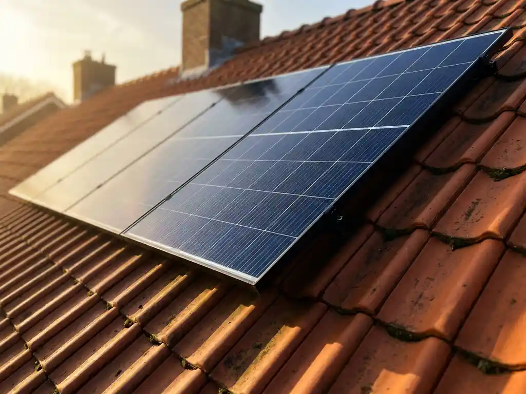 500W zonnepaneel op Nederlands woonhuis met terracotta dakpannen, gericht op heldere middaglucht.