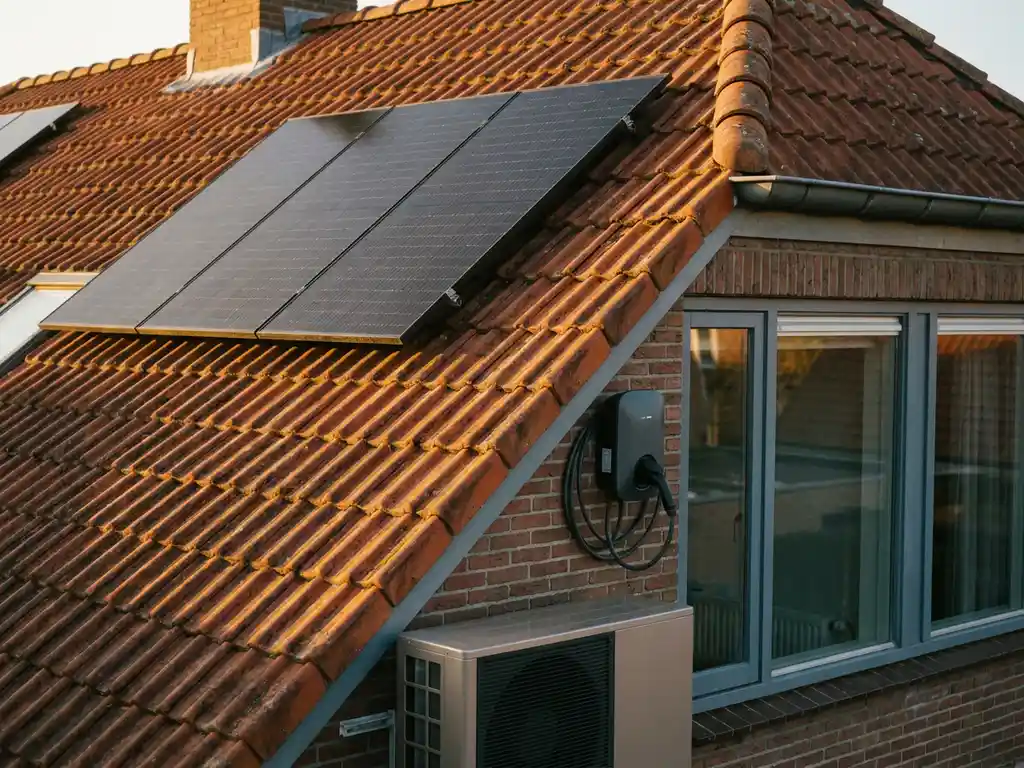 Zonnepaneel op Nederlands woonhuis naast een EV-laadpaal, met warmtepomp en terracotta dakpannen in warm middaglicht.