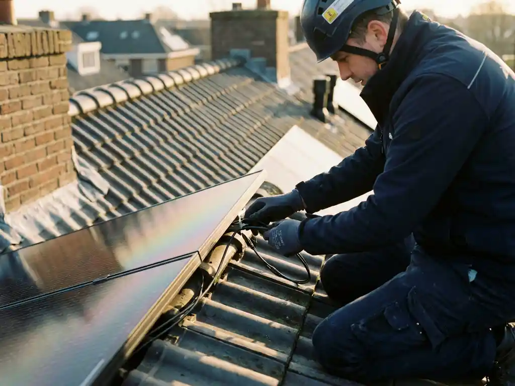 Elektricien in marineblauw werkkleding installeert iriserende zonnepanelen op Nederlands woonhuis dak in warm middaglicht.