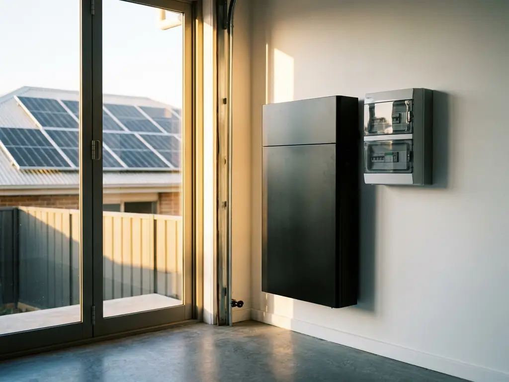 Zwarte thuisbatterij gemonteerd op witte garagemuur naast zekeringkast, zonnepanelen zichtbaar op de achtergrond.