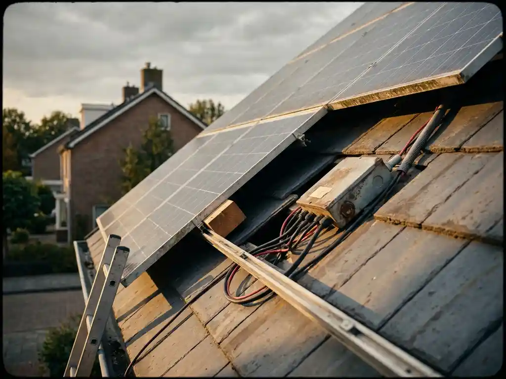 Opgetild zonnepaneel op Nederlands woonhuis onthult complexe bekabeling en aansluitdoos, met amberkleurig tegenlicht op de dakrand.
