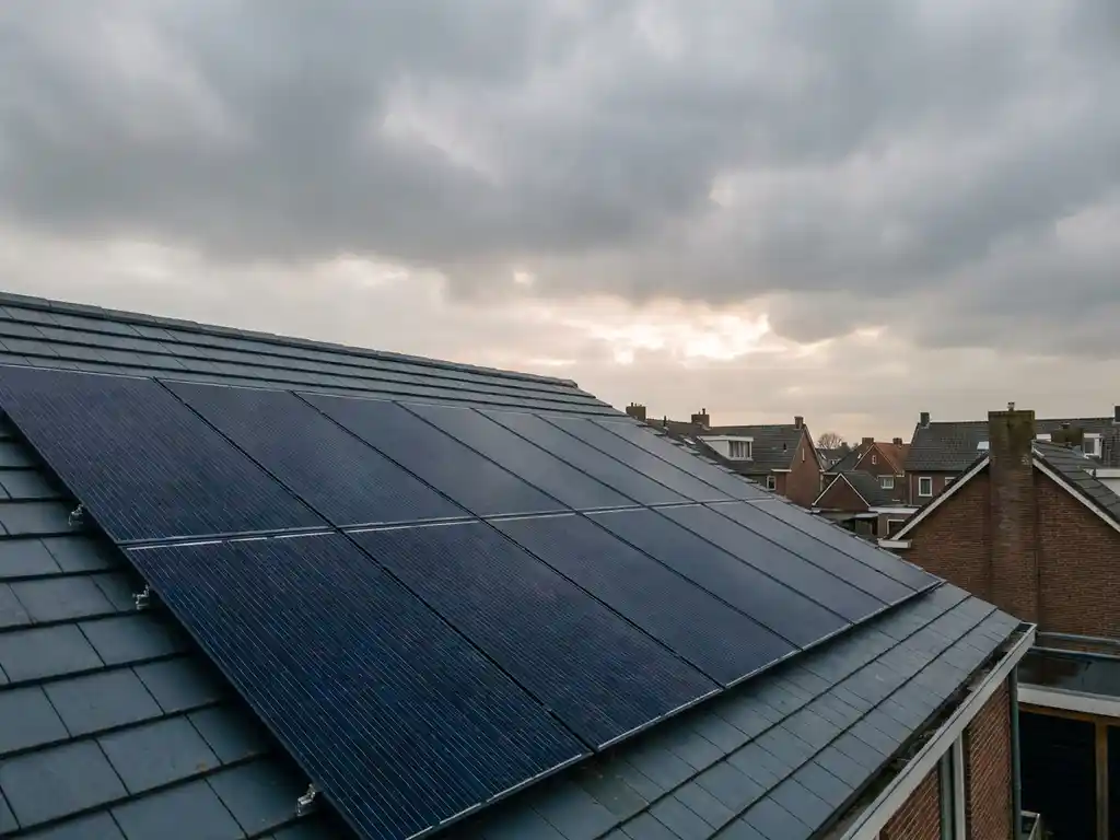 Zonnepanelen op woonhuis onder bewolkte lucht met zachte diffuse belichting en Nederlandse daken op achtergrond.