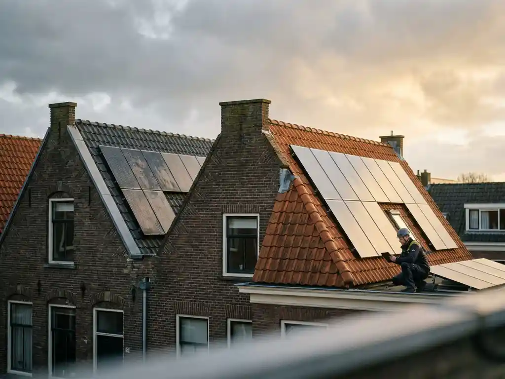 Elektricien inspecteert zonnepanelen op zonnig Nederlands rijtjeshuis naast schaduwrijk buurpand tijdens gouden uur.