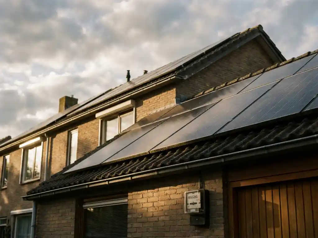 Zonnepanelen op een woonhuis onder bewolkte Nederlandse lucht, met warme middagzon en een elektriciteitsmeter aan de bakstenen gevel.