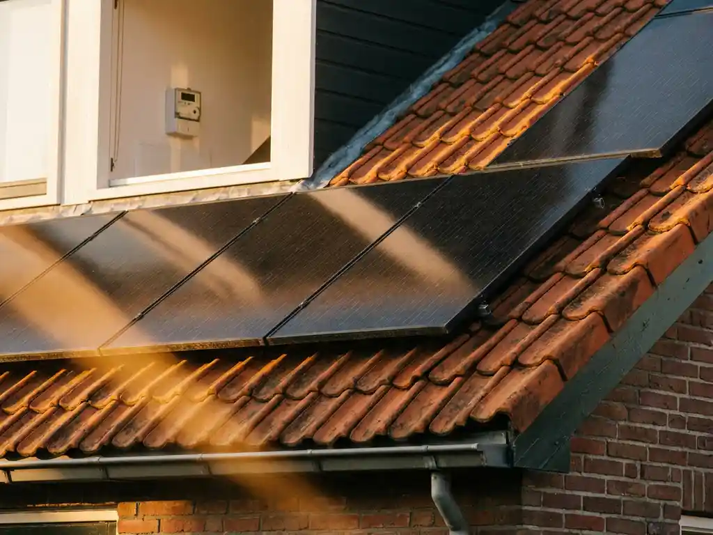 Zwarte zonnepanelen op Nederlands woonhuis met terracotta dakpannen in middagzon, digitale elektriciteitsmeter op achtergrond.