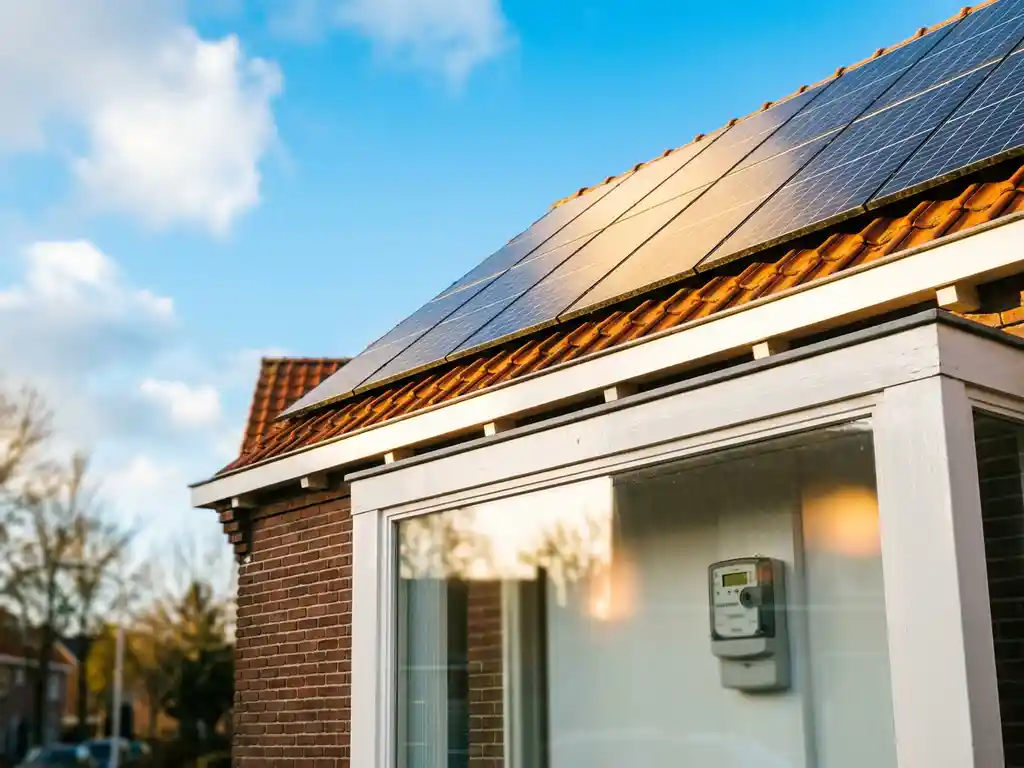 Zonnepanelen op Nederlands woonhuis met gouden zonneschijn, elektriciteitsmeter zichtbaar door raam op de achtergrond.