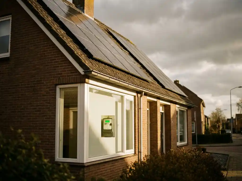 Zonnepanelen op Nederlands woonhuis met digitale elektriciteitsmeter zichtbaar door raam, zachte middagzon en licht bewolkte lucht.