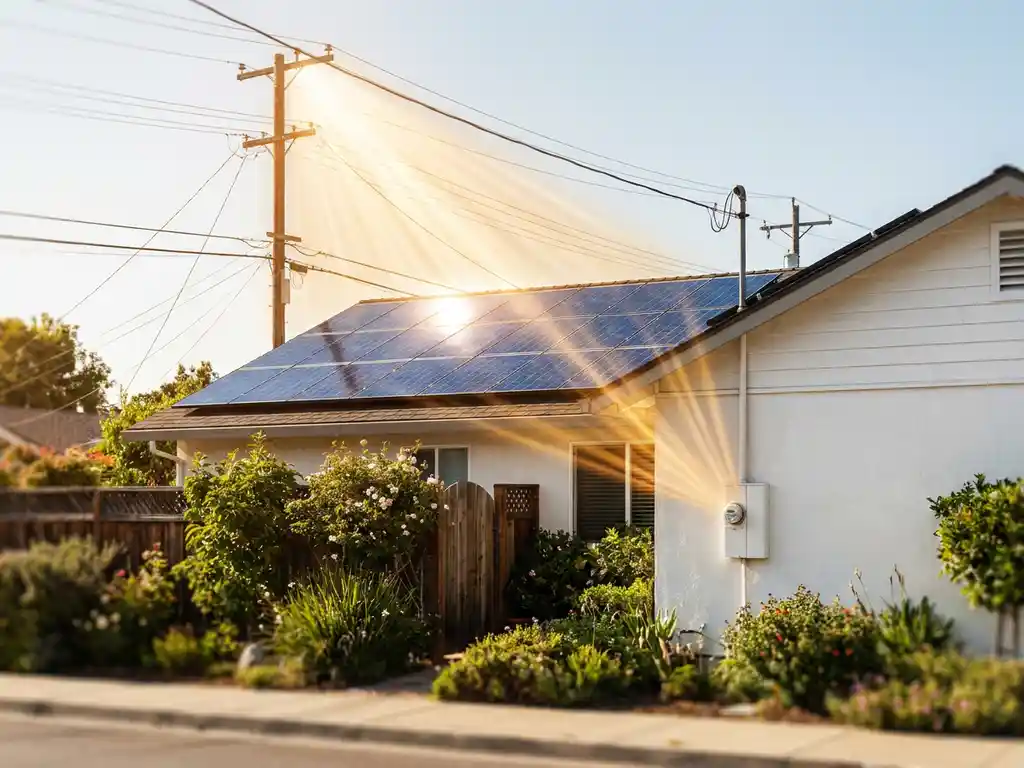 Zonnepanelen op woonhuis sturen overtollige energie naar stroomnet, slimme meter aan witte gevel, groene tuin op achtergrond.