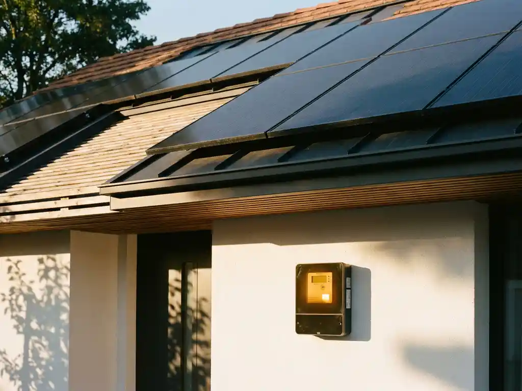 Donkere zonnepanelen op modern woonhuis met digitale energiemeter op witte buitenmuur in fel middagzonlicht.