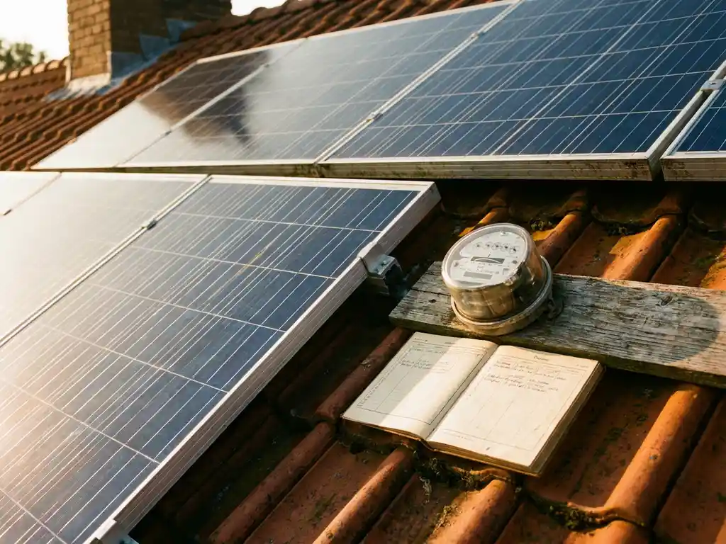 Zonnepanelen op Nederlands woonhuis dak met analoge elektriciteitsmeter en kalender in warm middaglicht.