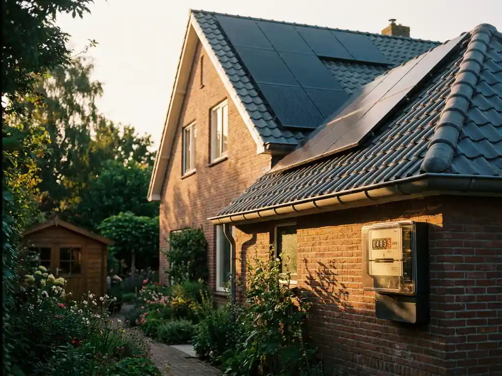 Zonnepanelen op Nederlands woonhuis met digitale energiemeter op bakstenen muur, gefotografeerd tijdens gouden uur vanuit de tuin.