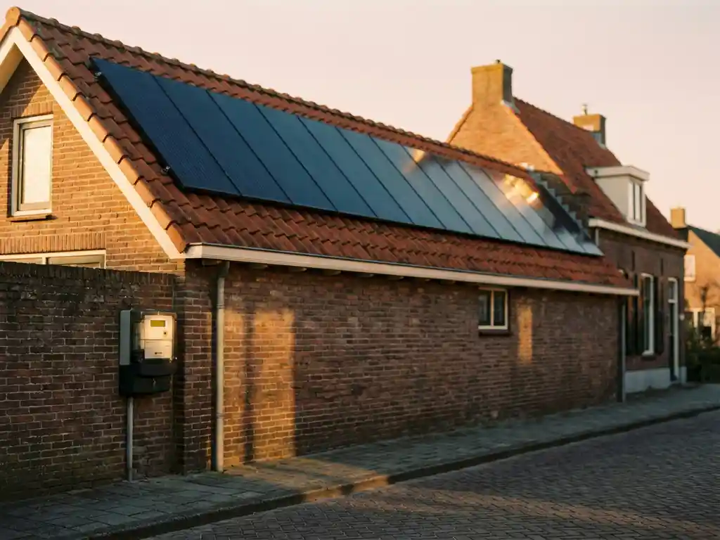 Zonnepanelen op een Nederlands woonhuis met terracotta dakpannen, digitale energiemeter op bakstenen gevel, gouden middaglicht.