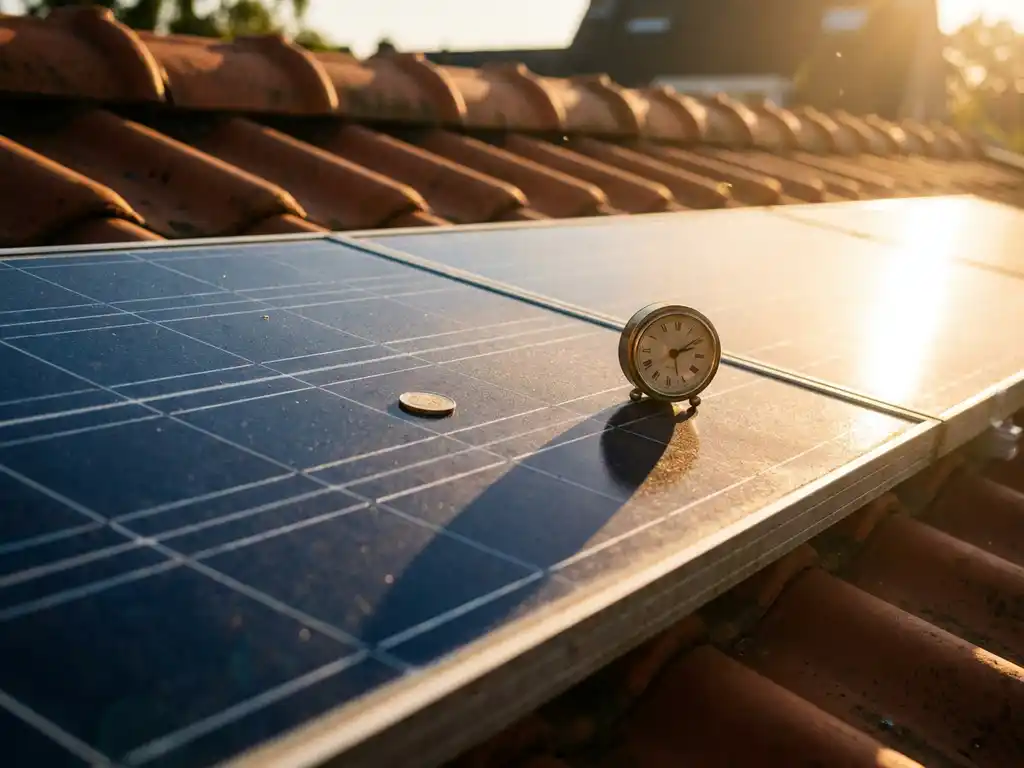 Zonnepanelen op Nederlands woonhuis met analoge klok en euromunt op het paneel, gouden middagzon over terracotta dakpannen.