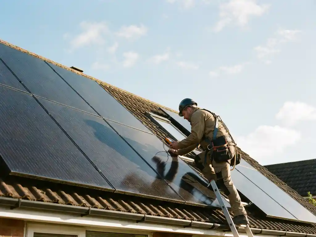 Elektricien inspecteert zwarte zonnepanelen op woonhuis onder heldere Nederlandse zomerlucht.