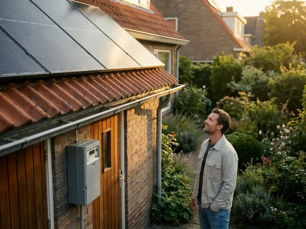 Huiseigenaar inspecteert nieuw geïnstalleerde zonnepanelen op Nederlands pannendak tijdens gouden uur, elektriciteitsmeter zichtbaar op bakstenen muur.