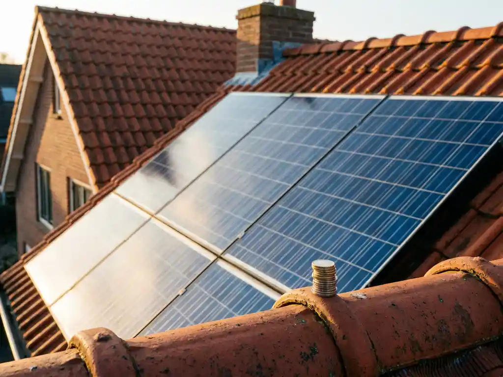 Zonnepanelen op Nederlands woonhuis met euromunten op dakrand, symbool voor financieel rendement zonne-energie.